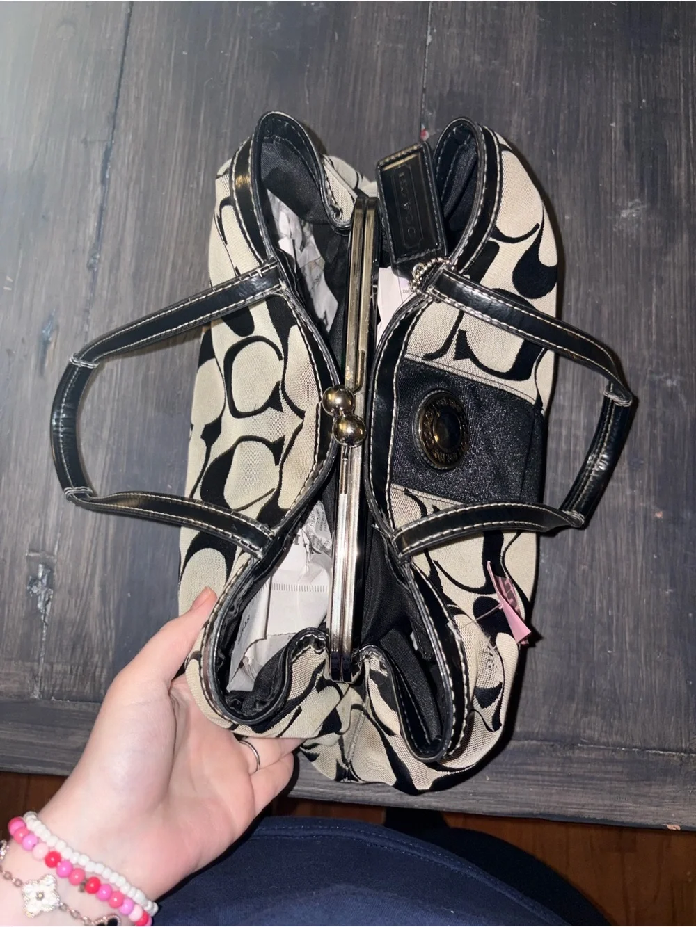 Coach Black and Cream Signature Tote with Leather Trim Y2K vintage